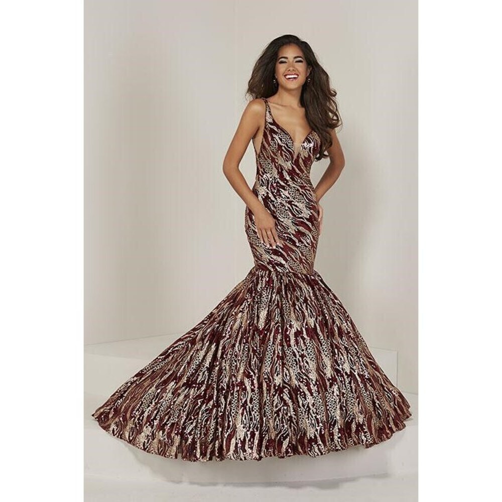 Tiffany Designs Zebra Sequin Mermaid Dress 16361 Wine/Gold